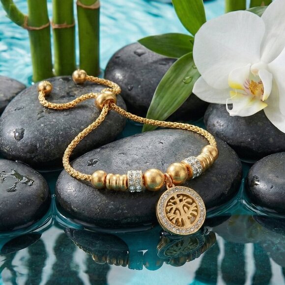 ποΈElegant 18K Gold Plated Tree of Life Charm Rhinestones Adjustable Bracelet - Picture 4 of 9